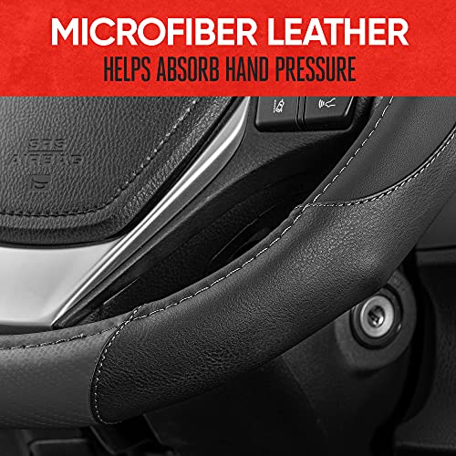 Image of Motor Trend GripDrive Gray Carbon Fiber Steering Wheel Cover, Standard 15 inch Size, Black Faux Leather Comfort Grip, Car Steering Wheel Cover for Auto Truck Van SUV