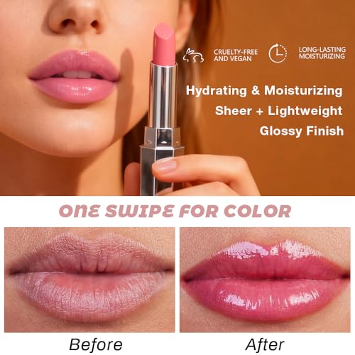 Image of Honey Lipstick Tinted Lip Balm - Shine Moisturizing Lipstick for Women, Natural Nourishing Hydrating Lip Gloss Stain for Dry Lips, Tint Sheer Lightweight Makeup, Vegan - 2Pc Rose & Girly