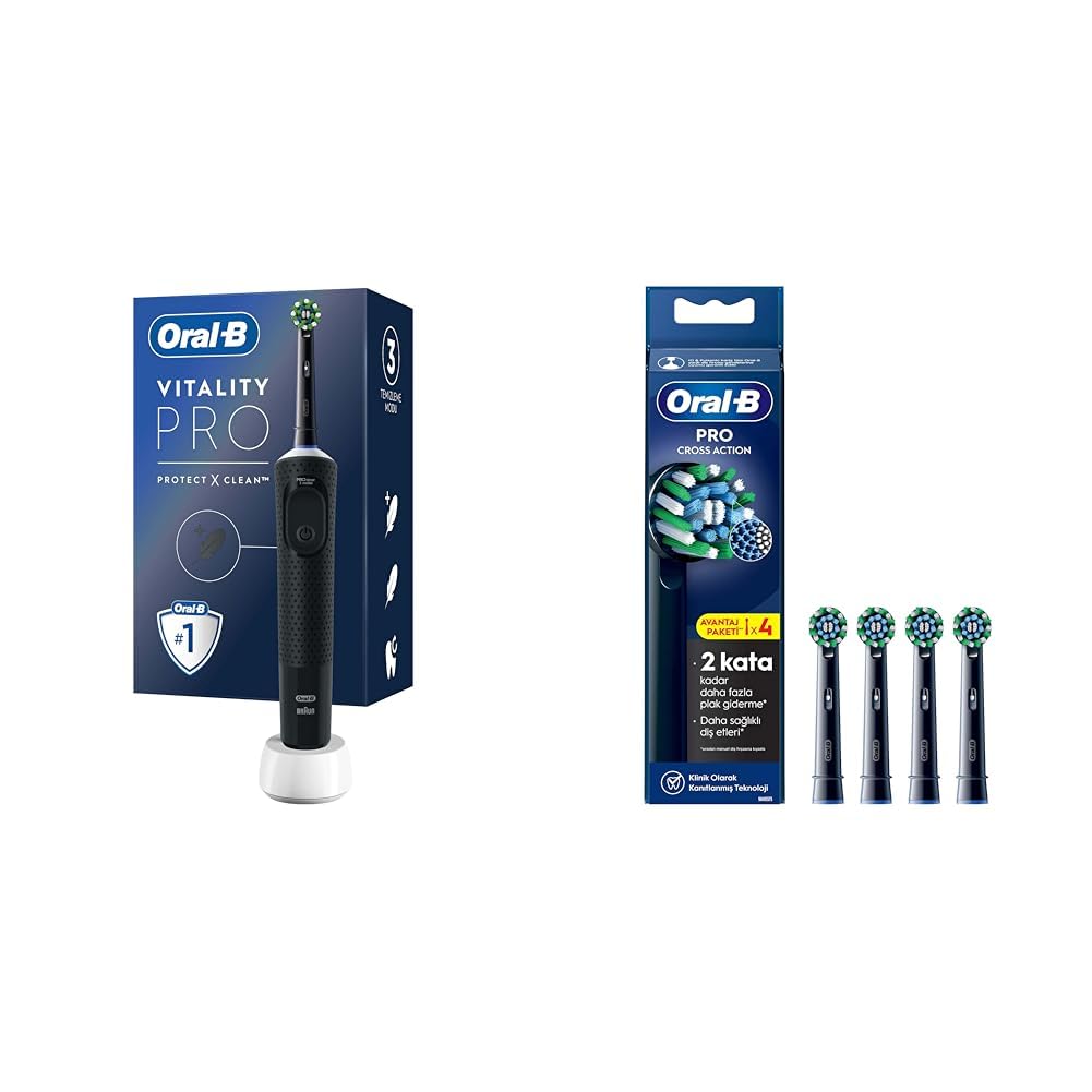 Oral-B Şarjlı/Elektrikli Diş Fırçası Vitality Pro Siyah Koruma ve Temizlik + Oral-B Cross Action X-Filament Siyah Şarjlı Diş Fırçası Yedek Başlığı 4 Adet