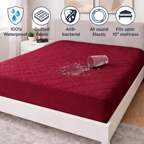 Image of 100% Waterproof Quilted Mattress Protector Premium Cotton Feel King Size, 72x78 Inches, Maroon, Machine Washable