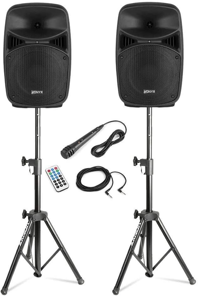 VONYX Pack Sono - Système de Sonorisation 400W avec 2 Enceintes Active et Passive et 2 Supports Réglables, Bluetooth, Idéal pour Les Soirées et Évènements
