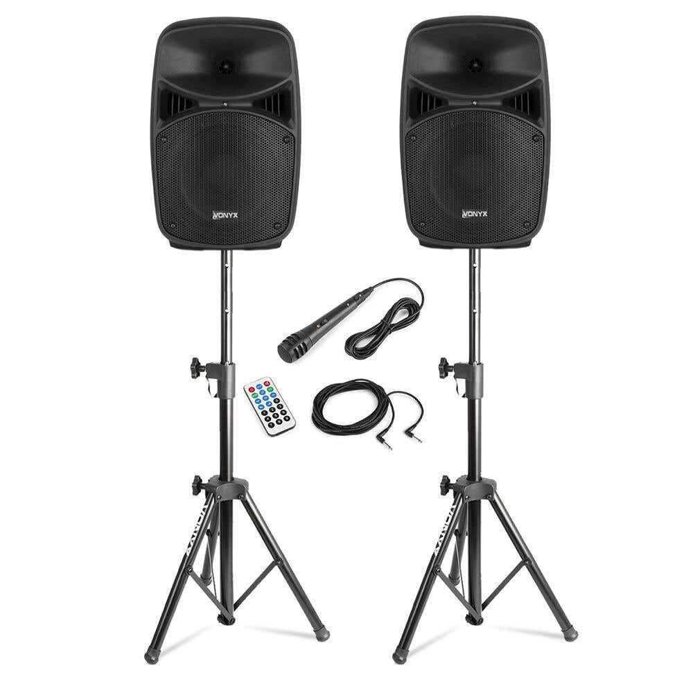 VONYX Pack Sono - Système de Sonorisation 400W avec 2 Enceintes Active et Passive et 2 Supports Réglables, Bluetooth, Idéal pour Les Soirées et Évènements