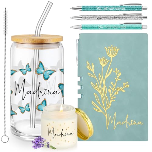 Skylety 6 Pcs Madrina Proposal Gift Set for Women Madrina Butterfly 16 Oz Glass Cup Scented Candle Jar A6 Journal Ballpoint Pen Spanish Bible Study Group Godmother Wedding Church Favor(Green)