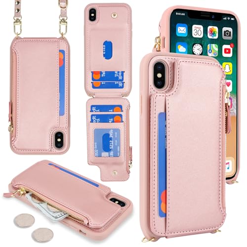 Cavor for iPhone Xs Max Case with Card Holder,iPhone Xs Max Wallet Case for Women,Phone Case iPhone Xs Max Case with Strap,Crossbody Lanyard and Wristlet,Leather Zipper Pocket Case-Rose gold