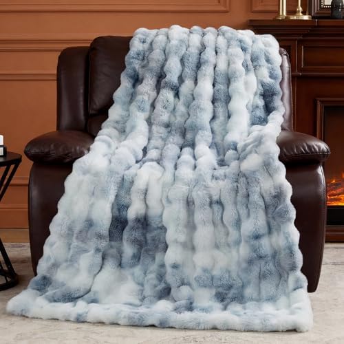 Luxury Fluffy Faux Fur Throw Blanket, Soft Plush Thick Minky Bubble Blanket for Couch Sofa Bedroom Living Room, Perfect Home Decor Gift for Women, 50 * 60 in,Tie-dye Light Blue