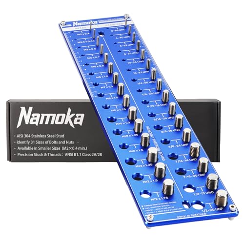 NAMOKA Thread Checker Wall Mounted Nut and Bolt Thread Checker Board Identify 31 SAE & Metric Sizes Heavy Duty Bolt Size Finder & Screw Gauge Garage Workshop Organizer Tool & Sizing Chart