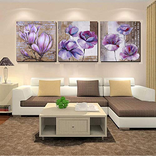Art mural fleur pourpre au design raffiné, lot de 3 toiles de salon modernes 50x50cm