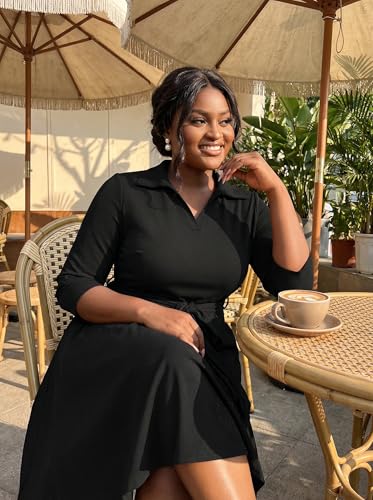 Image of FANDEE Plus Size Midi Dress for Women - Printing Summer Dresses for Wedding Guest Cocktail Party 3 /4 Sleeve V Neck（L-5XL）