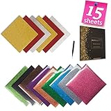 Glitter Heat Transfer Vinyl HTV Bundle for T-Shirts -15 Sheets 10 x 9.8 inches,Iron On Sparkle Vinyl Pack Compatible with Silhouette Cameo & Cricut, Bonus One Free Weeding Tweezers
