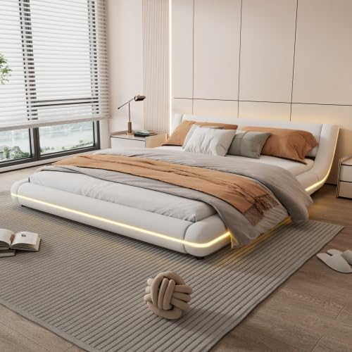 dowowdo 160 x 200 cm cama de suelo con iluminación LED, cama plana en blanco, funda de poliuretano y alta capacidad de carga