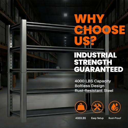 Image of 4000 LBS Heavy Duty Garage Shelving, 60 inch W x 24 inch D x 76 inch H Metal Storage Shelves, Adjustable Boltless Steel Storage Rack for Garage, Basement, Warehouse, Pantry