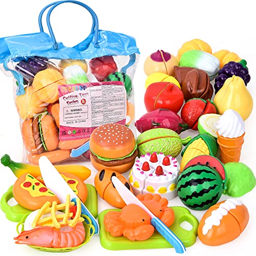 Fegalop Juguetes de corte Jugar Comida Frutas Vegetales Cocina Playset 32PCS con Bolso Embalaje (Bule) Cover