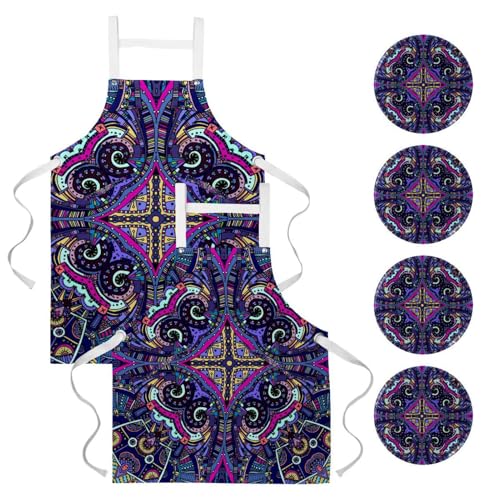 Lot de 2 tabliers de cuisine mandala imprimé pour serveur et bistrot