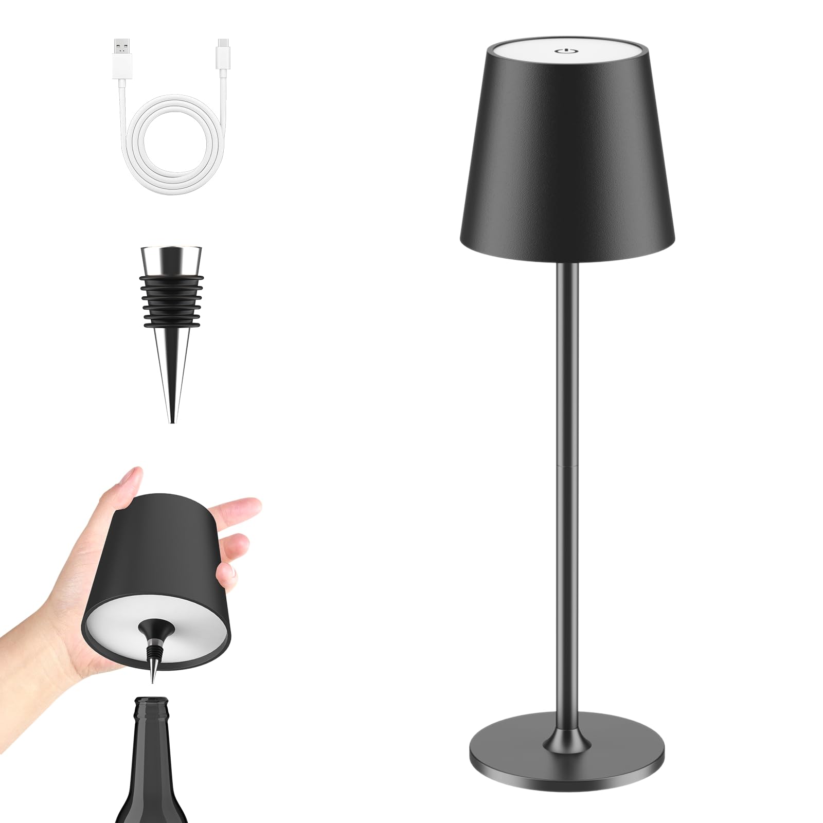 LUCKEA Lampara de Mesa LED Inalámbrica Lámpara de Mesa bateria Recargable con Tapón de Vino y USB-C, Lamparas Mesita Regulable para Restaurante, Dormitorio, Camping, Salon, Negro