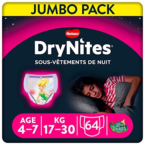 Huggies Drynites Sous-Vêtements de Nuit Absorbants Jetables pour Filles Taille : 4-7 ans, Les 64 culottes