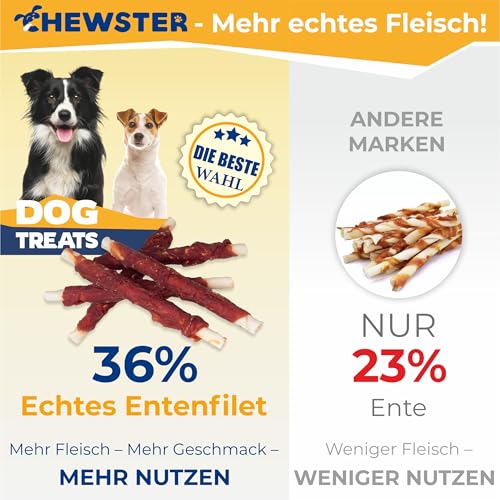 CHEWSTER Kaustangen für Hunde mit Ente – Hundeleckerli - 85 Kaurollen für Hunde (800 g)
