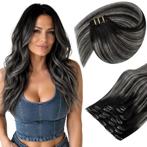 Image of Sunny Hair Clip in Hair Extensions Real Human Hair Black Ombre Balayage | 18 Inch Real Human Hair Clip in Extensions Natural Black Ombre Balayage Silver Grey, Natural Soft Fullness at Prom 120g