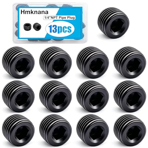 Hmknana 13PCS 1-4NPT Male Pipe Plug Fitting Black Carbon Steel Pipe Plug Set Internal Hex Thread Socket