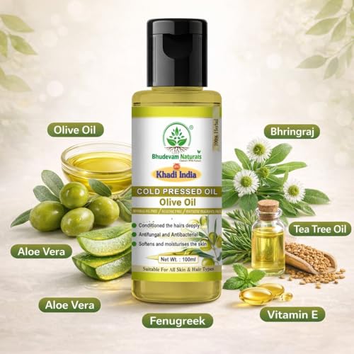 Image of Khadi 100% Pure Cold Pressed Olive Oil for Hair, Skin & Body Massage | Natural Moisturizing Oil for Dry Skin & Hair Care | Multipurpose Oil for Body Massage, Hair Nourishment & Moisturizing- 100GM