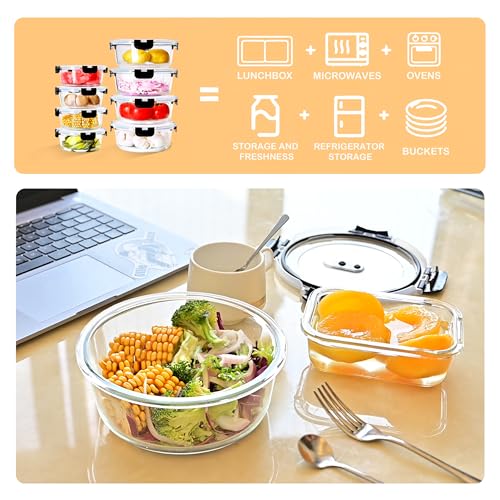 8 Piece Black Glass Container Set (20.9+43.9 OZ) - Round Meal Prep Containers With Lids for Microwave, Oven, Freezer and Dishwasher
