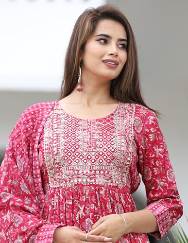 Image of Women's Stylish Rayon Nayra Cut Kurta Embroidered Work and Round Neck 3 /4 Sleeve with Pant Dupatta Set