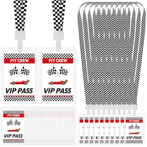 30 Sets Racing VIP Pass Cards with Checkered Lanyards Bulk PVC VIP Pass Cards Breakaway with White and Black Race Flag Lanyards for Event Gamer Race Car Theme Birthday Party Fast One Party Supplies