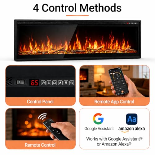 Image of Smart Electric Fireplace, 50''with WiFi App & Alexa Control, Recessed /Wall Mounted /Freestanding,Ultra Thin Linear Fireplace, 13 Flames & Crackling Sound, 1500W Heater with Timer & Overheat Protection