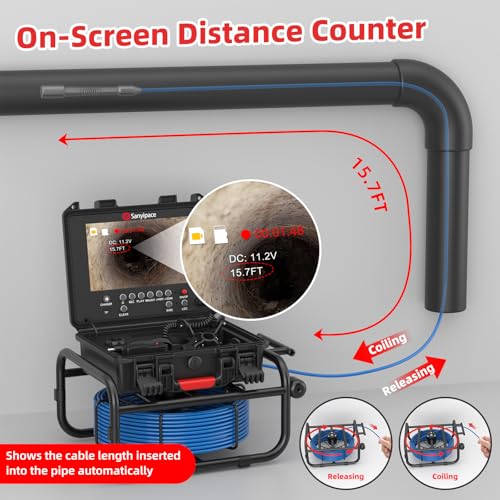 Image of Sanyipace Sewer Camera Self-Leveling 165FT /50M, 512Hz Sonde, Distance Counter, 5-Level Adjustable Brightness, 4500mAh Battery, IP68 Waterproof Pipe Camera for Drain Snake, Plumbing, Duct, Plumber