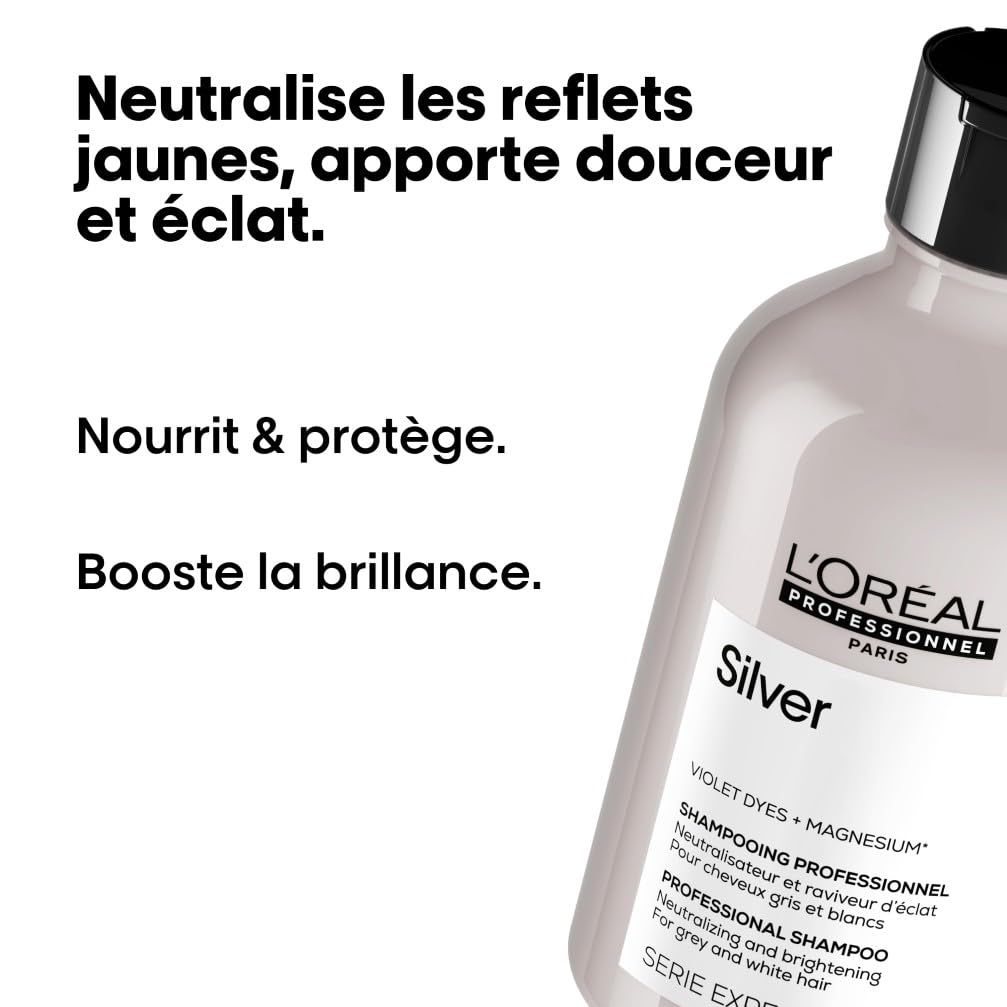L'OREAL PROFESSIONNEL - Shampoing Déjaunissant Silver - Homme & Femme - Apporte Éclat, Douceur & Brillance - Pigments Violets - Cheveux Gris & Blancs - 300 ml