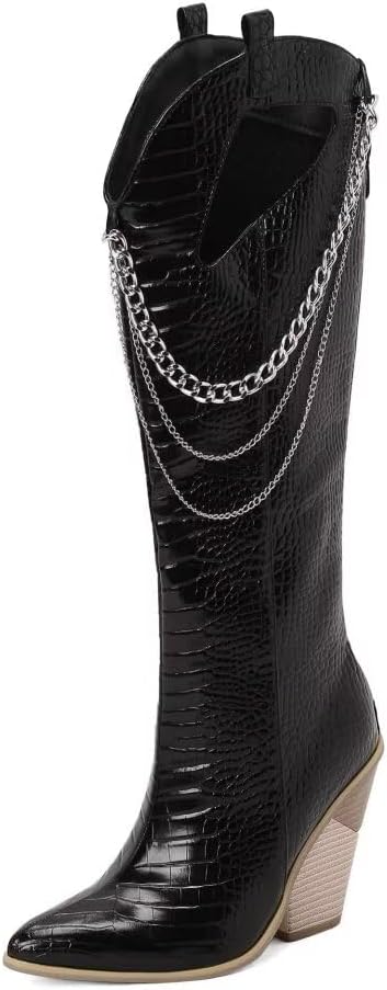 Women's Western Knee High Boots Cowboy Cowgirl Chunky Block Stacked High Heel Pointed Toe Zipper Festival Tall Boots Long Country Concert Party Boot