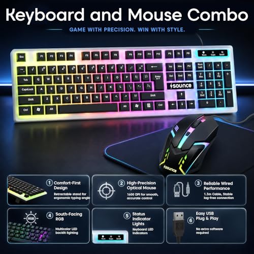 Image of Sounce Wired Keyboard & Mouse Combo, 104 Keys, 1600 DPI Mouse, LED