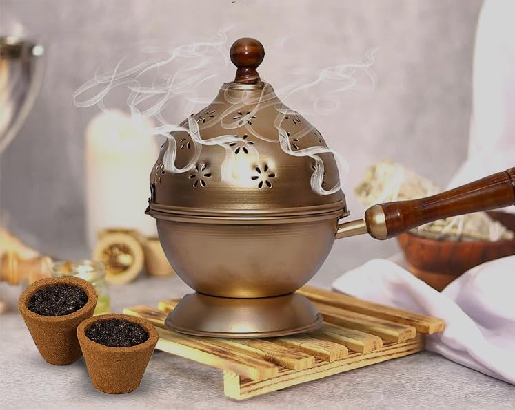 Dhoop Dani with 2 Sambrani Cups | Dhoop Stand for Pooja | Handcrafted Sambrani Dhoop Holder & Incense Burner | Loban Burner, Kapoor Dani for Puja | Incense Holder | Brass Dhoop Dani