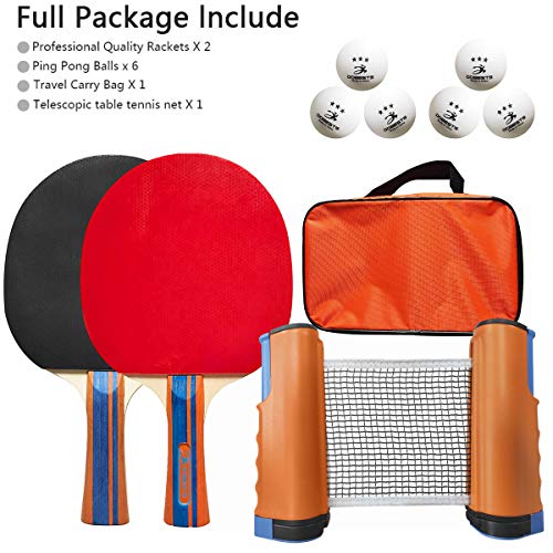DOBESTS Table Tennis Set with Retractable Net, 2 Pro Ping Pong Paddle 6 Professional Game Balls Training Accessories Racket Bat Bundle Kit for Home Indoor or Outdoor (Orange-2)