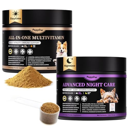 POPPAW Dog Vitamins and Supplements Set, Day Vitality & Night Repair Powder for Joint Care, Gut Health, Multivitamin for Dogs with L-Carnitine, Probiotics, Glucosamine - Chicken Flavor, 150 Scoops
