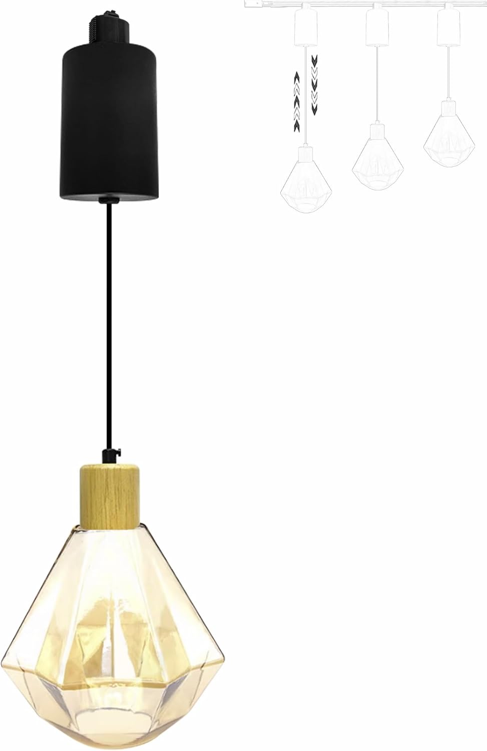 Adjustable Height H Type Track Lighting Natural Wood E26 Socket Amber Diamond Glass Shade 6.5 ft Dimmable Pendant Light Decorate for Plant Kitchen Island Customizable