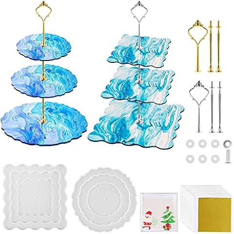 MSDADA Cake Stand Resin Mold, 3 Tier Epoxy Silicone Casting Mould Set Large Reusable DIY Cake Fruit Holder Casting Tray Crafts Cupcake Stand Moulds for Home Party Wedding Decoration(2Pack) Cover