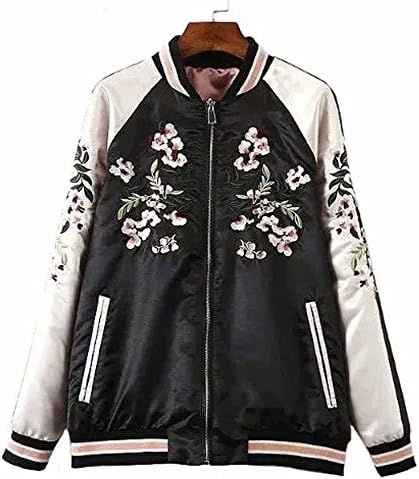Viport Women's Floral Phoenix Embroidered Reversible Bomber Jacket Black Red