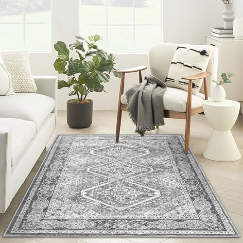 KUTA 3x5 Area Rug for Living Room, Oriental Grey Washable Kitchen Rugs Non-Slip, Soft Printed Distressed Boho Tribal Entry Low-Pile Throw Carpet for Bedroom Living Room Dorm Decor