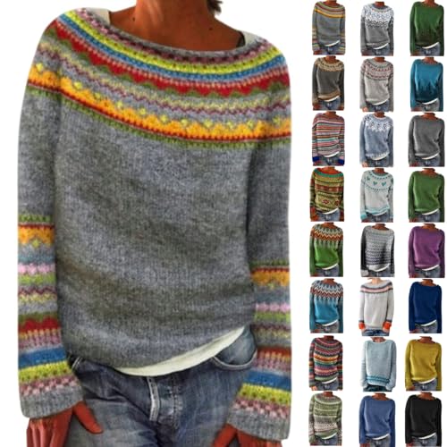 Norweger Pullover Damen Kaschmir Winterpullover Sweatshirt Elegant Rundhals Strickpullover Warm Winterpullover mit Aufdruck Gestrickter Sweater Mode...