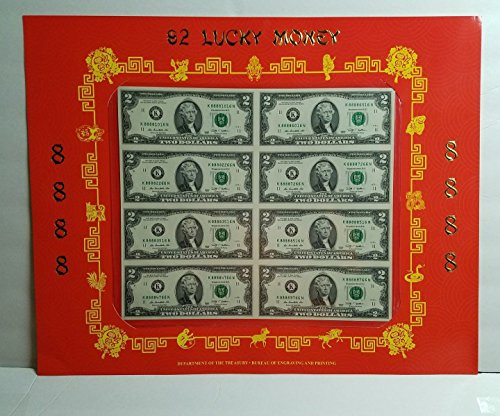 Authentic Brand New Limited $2 Bill Lucky Money 8888 Sheet of 8