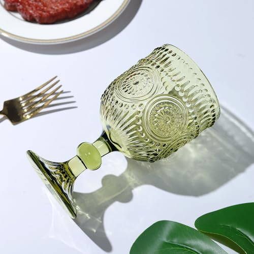 Joeyan 350ml Vintage Weingläser Set von 4, Grün Sonnenblumen Relief Kelche – Ansicht 3