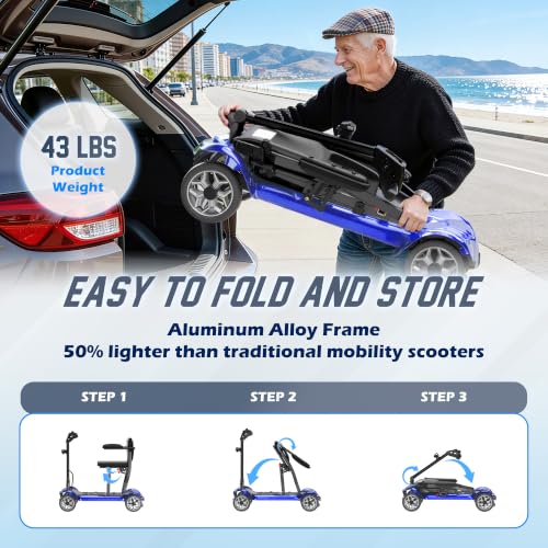 Image of 43lb Lightweight Mobility Scooter for Seniors - Airline & Cruise Approved | Foldable Portable Travel Motorized Scooters for Adults Elderly 4 Wheel with Removable Battery, 24.8MI, 300lb Capacity, Blue