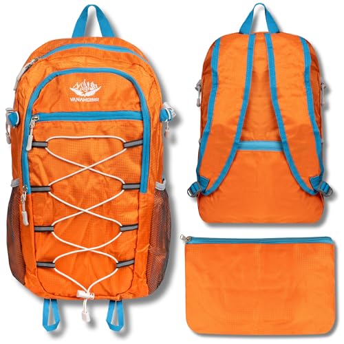 KRUMAD Leichter Wanderrucksack Faltbar 25L, Rucksack Damen Herren, Wasserdichter Reiserucksack Camping Outdoor Trekking Backpack mit Tasche, Klappbarer Sportrucksack mit Halterung für Nordic Walking