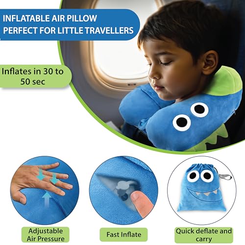 Image of REMAXX Inflatable Kids Travel Neck Pillow for Boys and Girls for Car Airplane Compact Washable Soft Cozy Quick Inflation Camel Head Design with Included Carrybag with Free Sketch for Coloring the Box