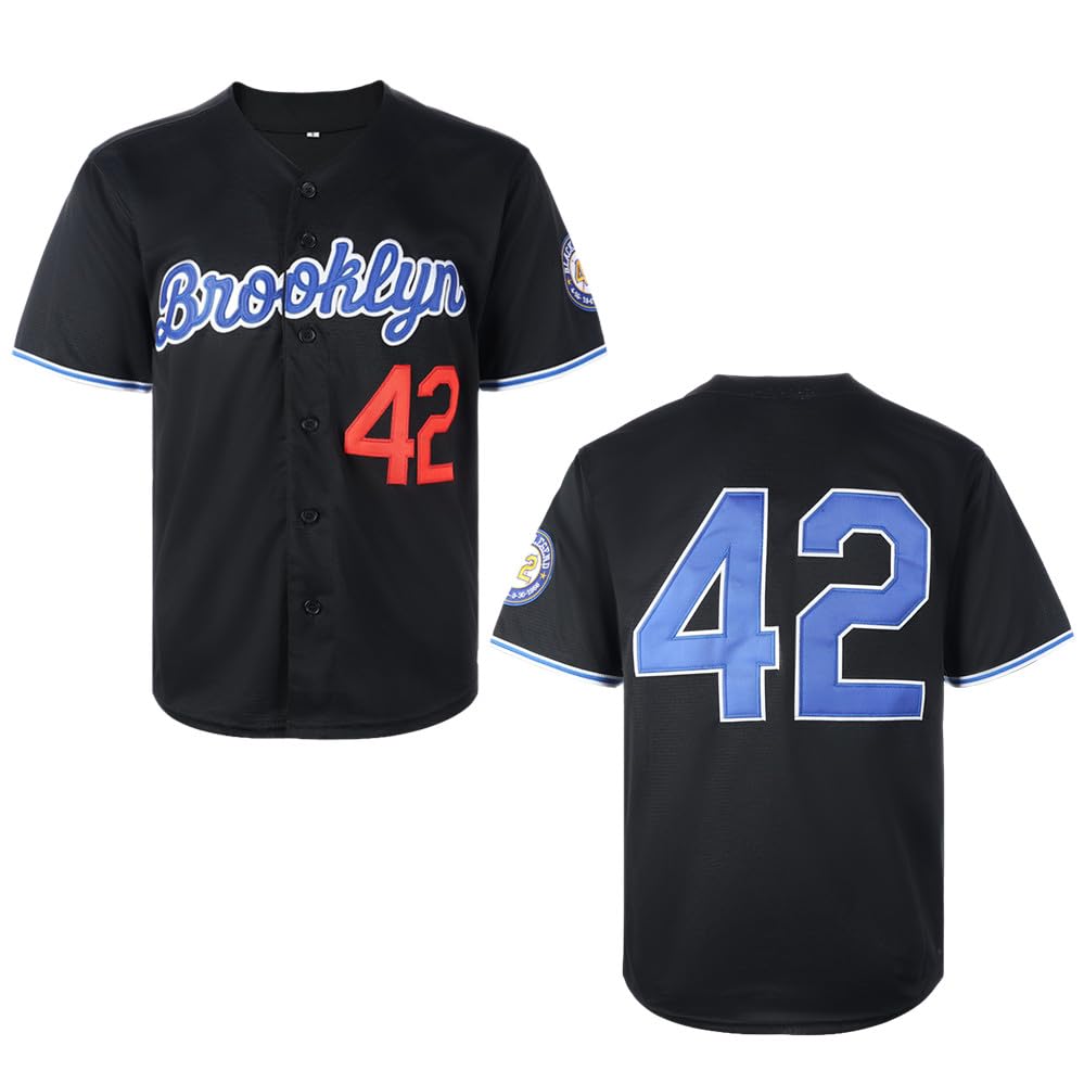 ZXCVB Men's Black Legend 42 Retro Baseball Jersey Embroidered Patches Sewn Hipster Hip Hop Jersey