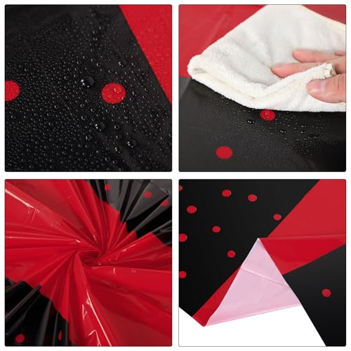 Image of Oudain 6 Pcs Black and Red Tablecloth for Party Plastic Red Dot Tablecloths Printed Table Runner Waterproof Disposable Rectangle Table Cover for Birthday Graduation Wedding Party, 54 inch x 108 inch