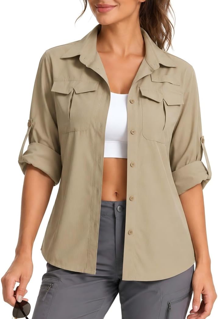 Women's UPF 50+ Safari Shirt, Quick Dry Long Sleeve Button Down