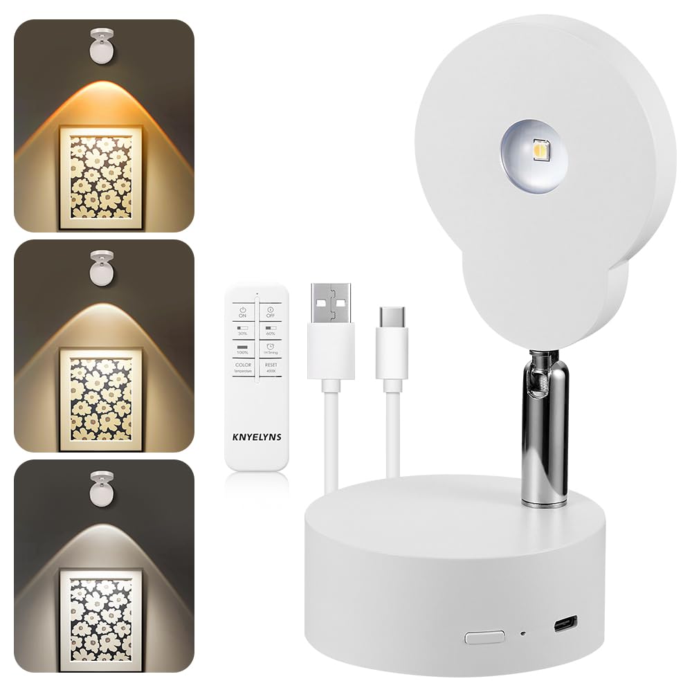 KNYELYNS Wireless Spotlight Indoor, Rechargeable Battery Operated Spotlight with Remote,Dimmable Indoor Lamp for Art,Wall Painting,Plant