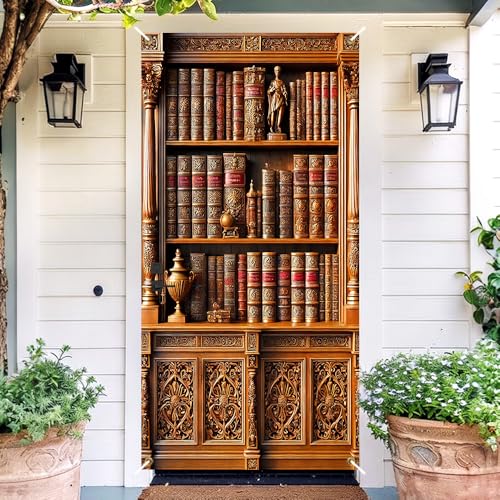 Image of Vintage Library Bookshelf Door Cover, Antique Books Faux Bookcase Door Decorations, Polyester Dark Academia Door Banner Indoor Outdoor 35.43 x 70.87 Inch