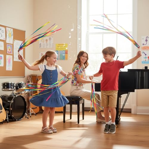 Image of Junkin Ribbon Rings Hand Kite Waldorf Toys Dancing Wrist Ribbons Rainbow Streamers with Wood Ring Educational Toy for Playroom Dancing Birthday Party Gift(Gradient,24 Pcs)
